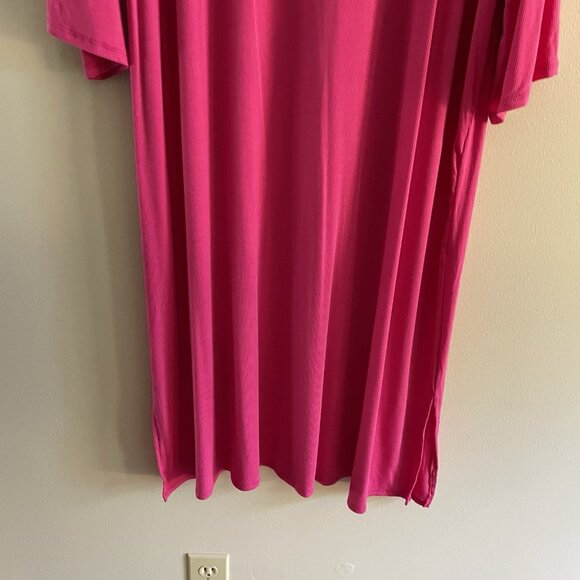 Freckled Poppy Women 2X Pink Ribbed Bell Sleeves Mock Neck Side Slits Midi Dress - Picture 2 of 9